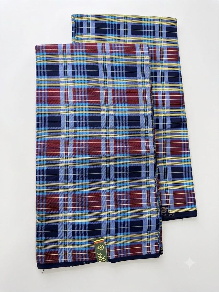 Family of five wearing coordinated navy blue tartan check African print outfits at an outdoor celebration