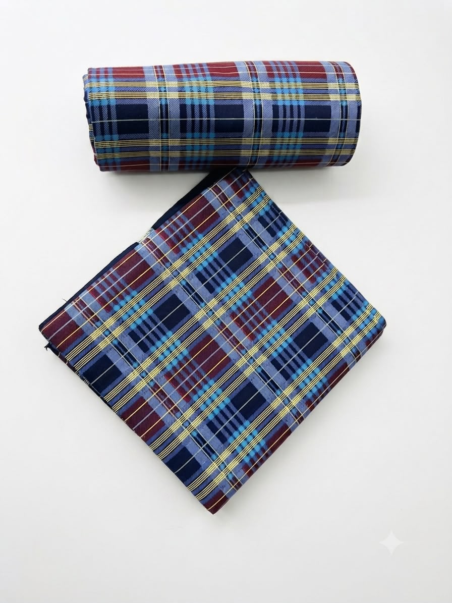 Navy blue tartan check African print cotton fabric rolled and folded on white background