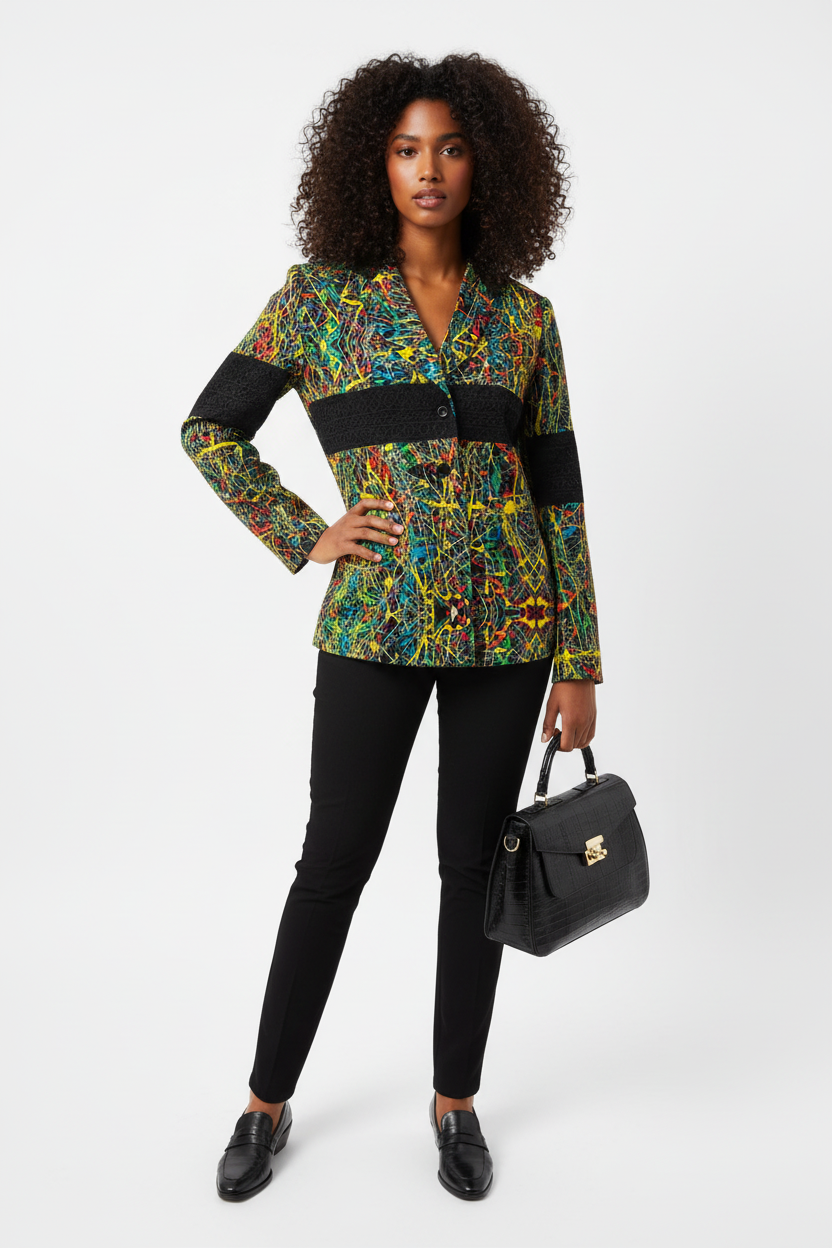 Abstract Print Jacket – Mixed Race Model with Black Boss Lady Handbag