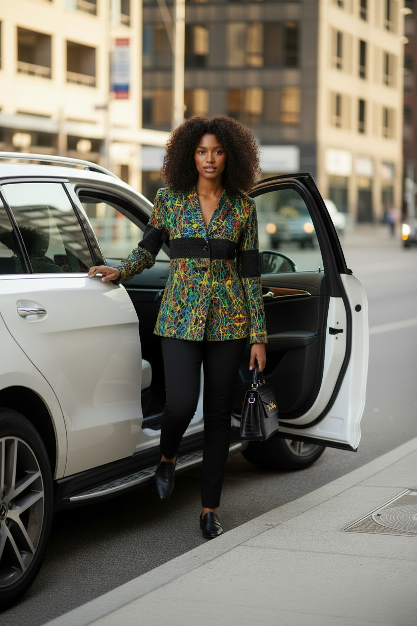 Abstract Print Jacket – Stepping Out of White Mercedes GLE