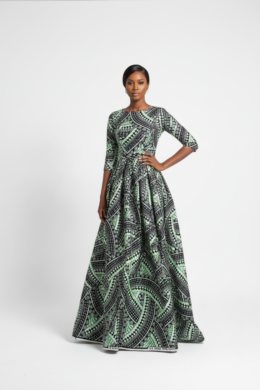 Black & Mint Vlisco Wax – Maxi Dress Editorial