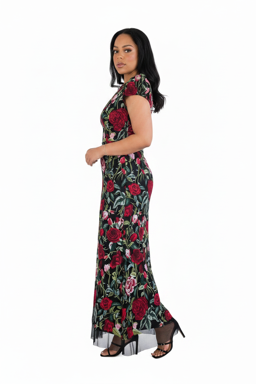 Black Multi Floral Mesh Evening Dress – Alternative Pose