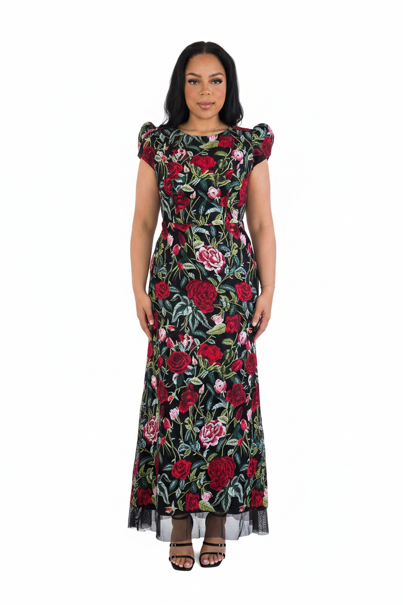 Black Multi Floral Mesh Evening Dress – Store Ready