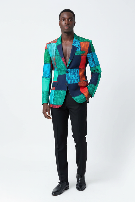 Blazer in green/red/navy Ankara patchwork fabric