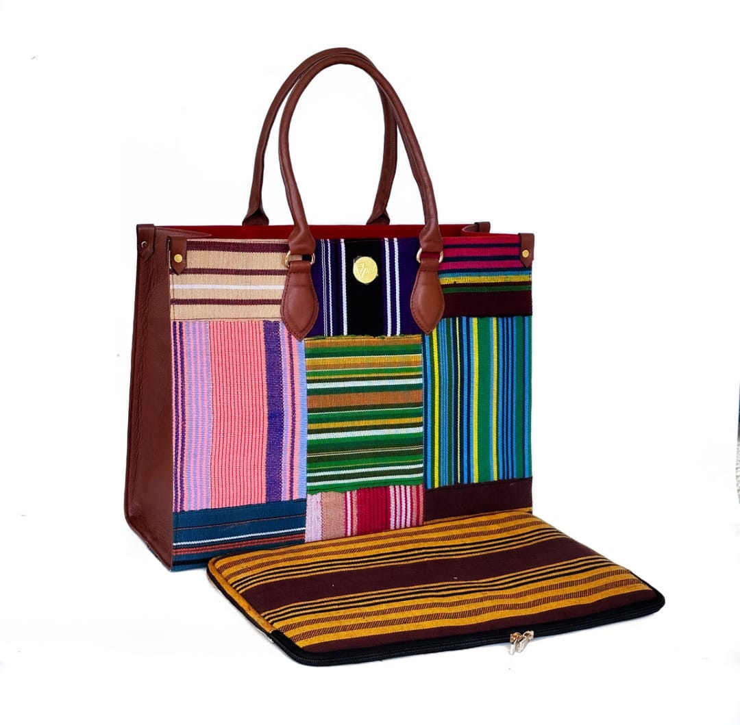 Brown Leather & Multi Colour Aso-Oke Handbag (limited edition) - House of Prints