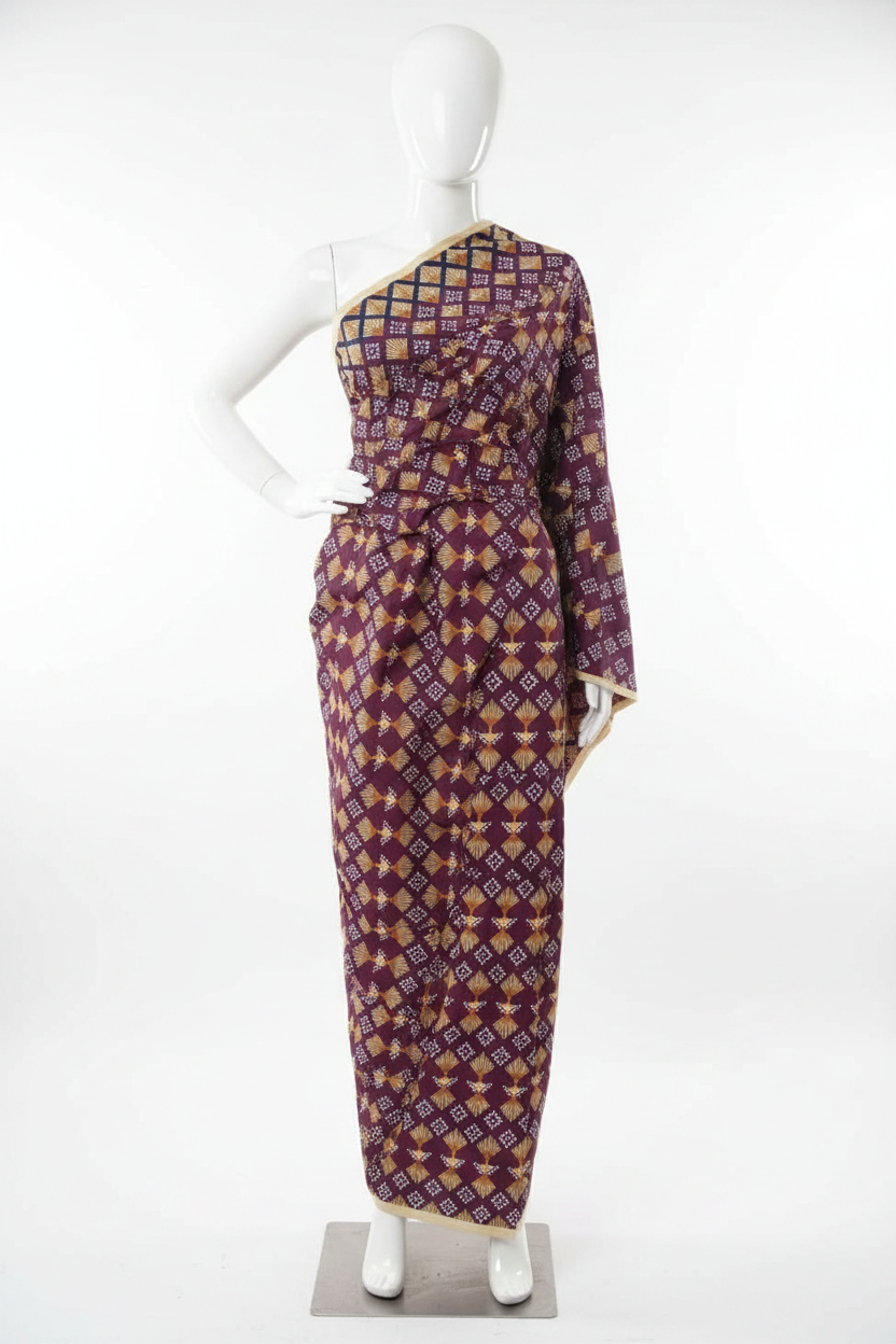 Burgundy Fan & Diamond Ankara Fabric on Mannequin