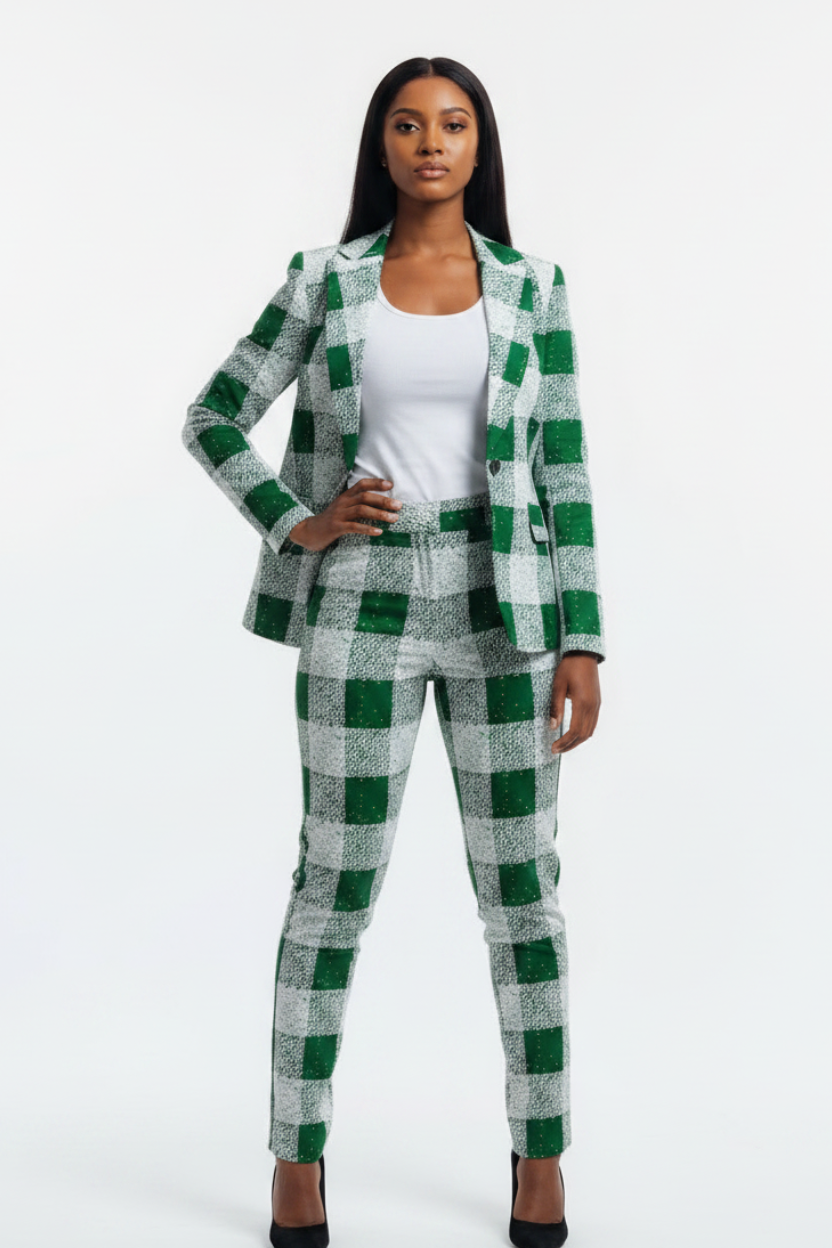 Female model in Ankara green check blazer, individual corporate pose