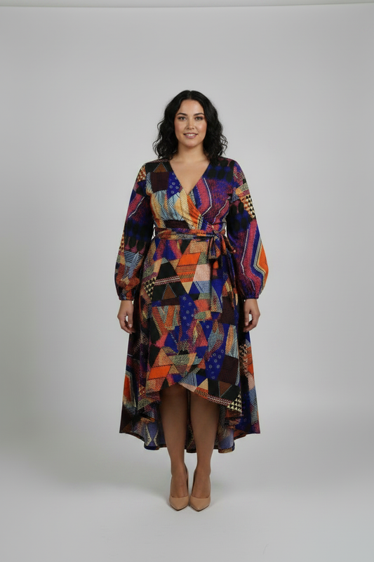 Front View Curvy Busty Model in Wrap Dress