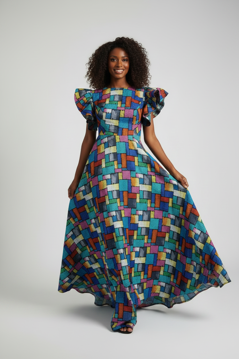 Geometric Maxi Dress – Walking Pose