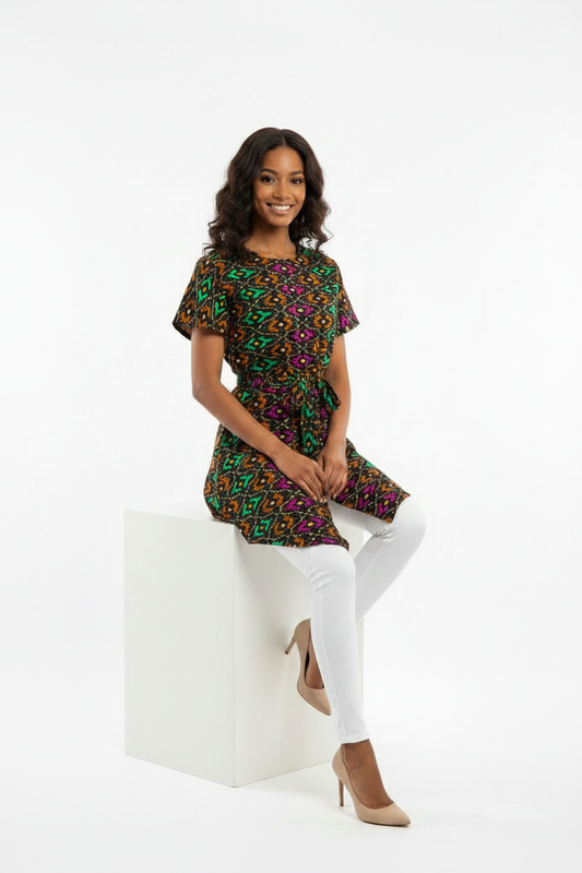Geometric Print Long Top - Realistic Seated Pose