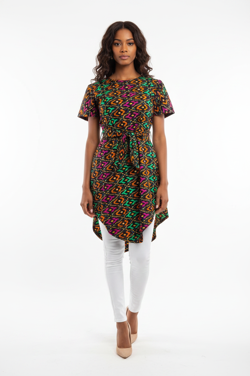 Geometric Print Long Top with Belt - Mixed Race Model White Skinny Jeans