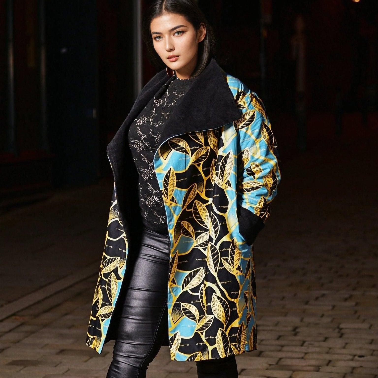 Green and Black African Print Waterfall Coat - rtw014 - House of Prints