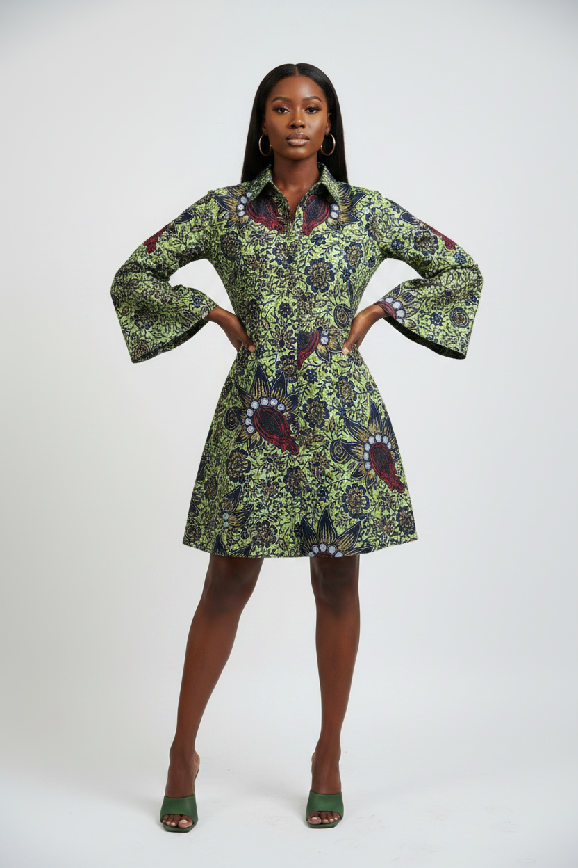 Green Ara Dress - Front with Army Green Mules & Clutch