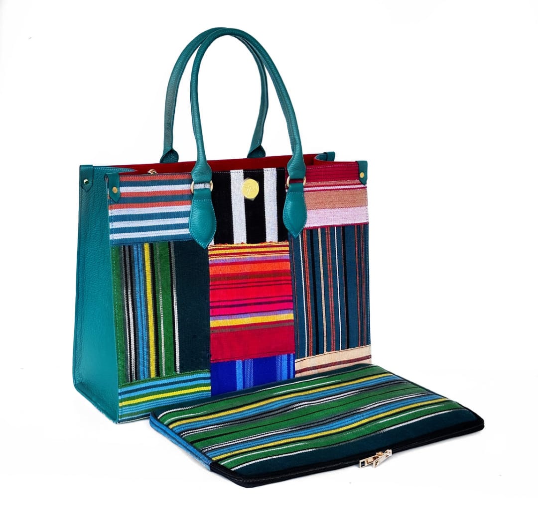 Green Leather & Multi Colour Aso-Oke Handbag.(Limited Edition) - House of Prints