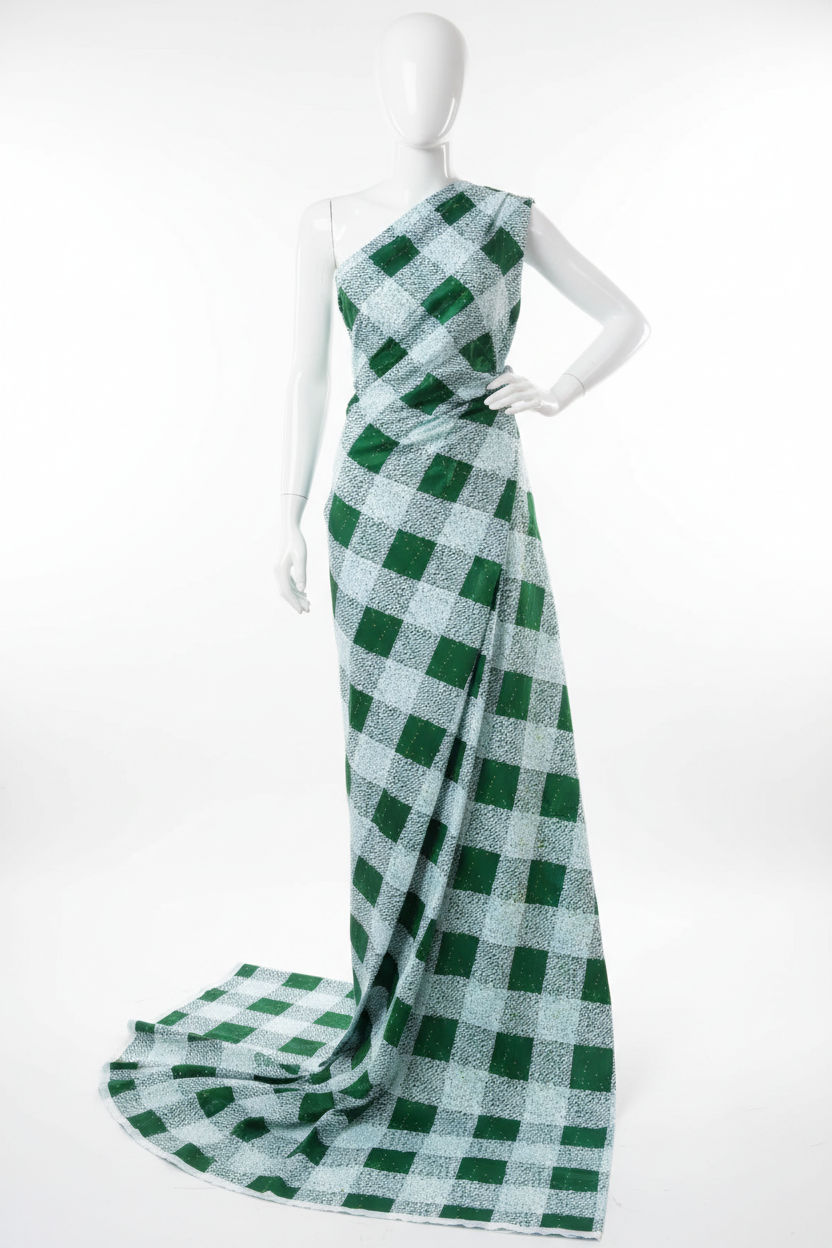 Green & White Gingham Check Ankara Fabric on Mannequin