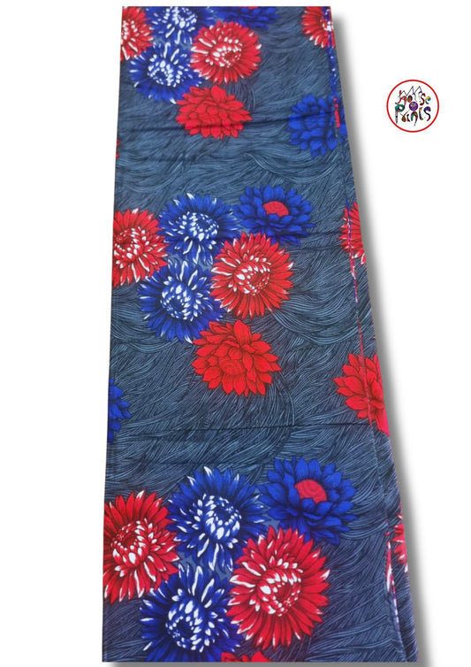 Grey, Blue & Red Floral Pattern Ankara Fabric - House of Prints