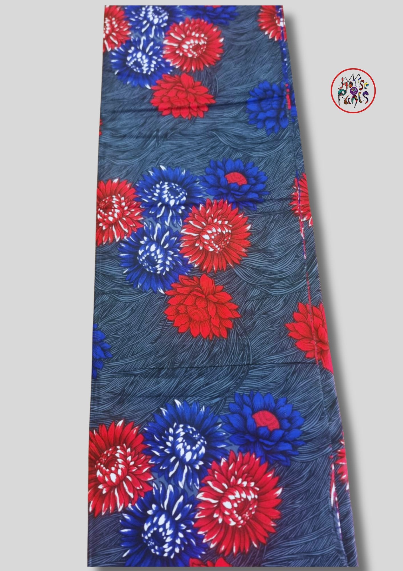 Grey, Blue & Red Floral Pattern Ankara Fabric - House of Prints