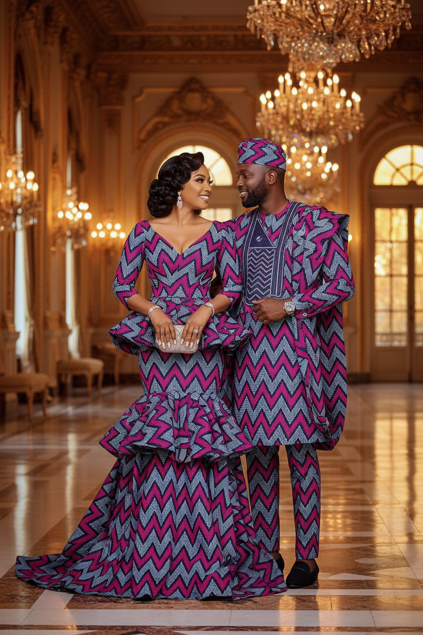 Hot Pink Navy Ankara Trumpet Gown & Buba Sokoto Couple