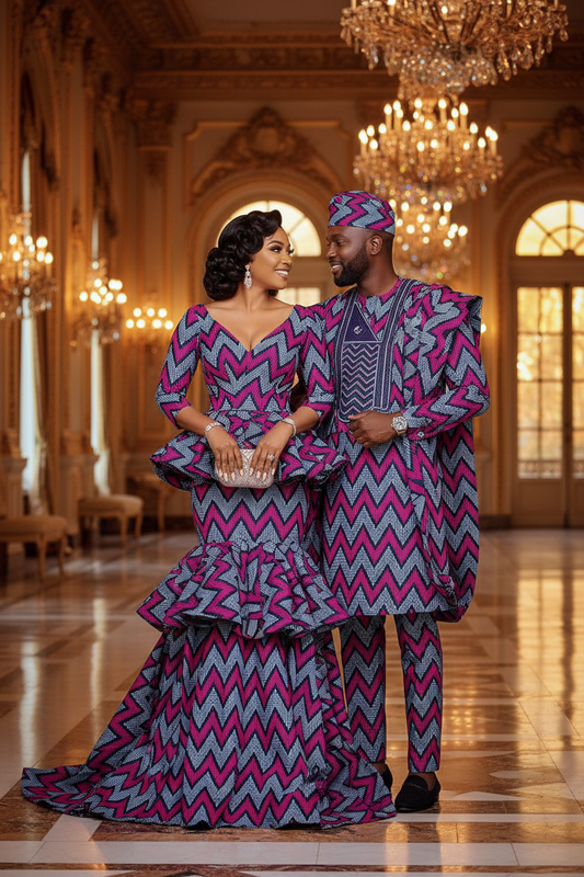 Hot Pink Navy Ankara Trumpet Gown & Buba Sokoto Couple
