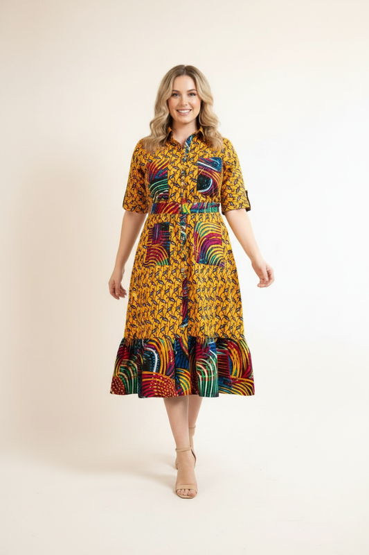 Yellow Multicolour Ankara Shirt Dress - walking pose, hand on hip, white background