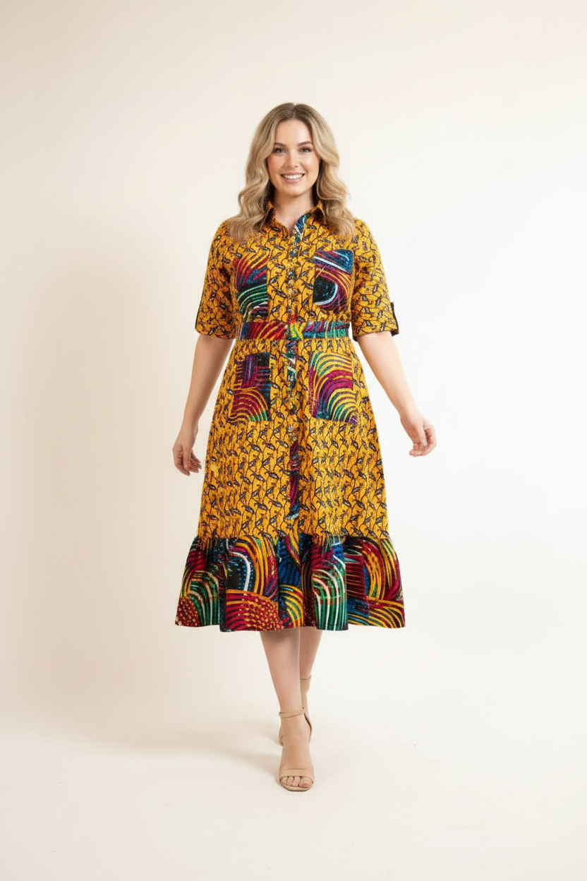 Yellow Multicolour Ankara Shirt Dress - walking pose, hand on hip, white background