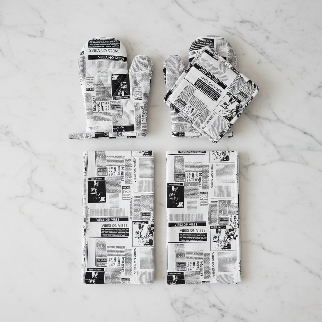 Oven mitts and pot holders made from white and black newspaper print fabric