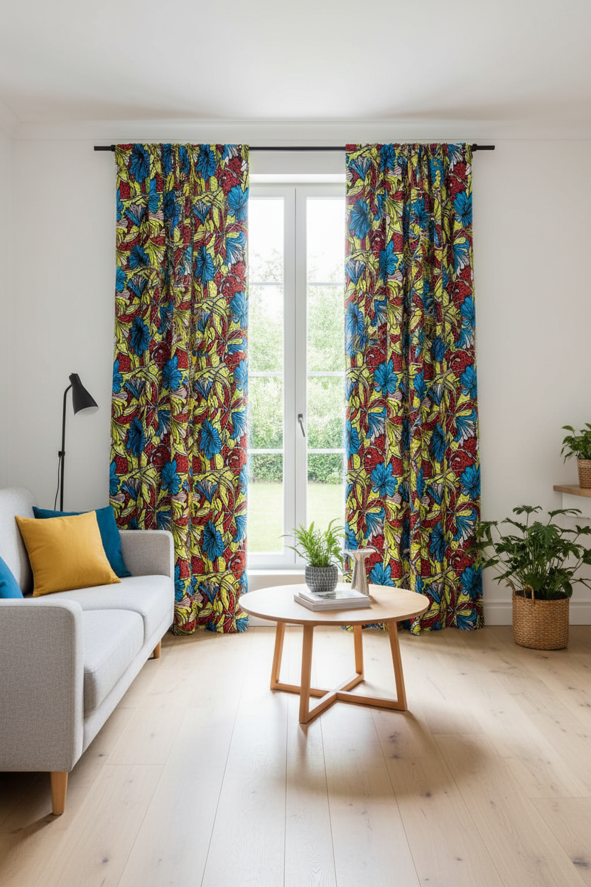 Curtains and window drapes made from yellow and multicolour polycotton Ankara fabric