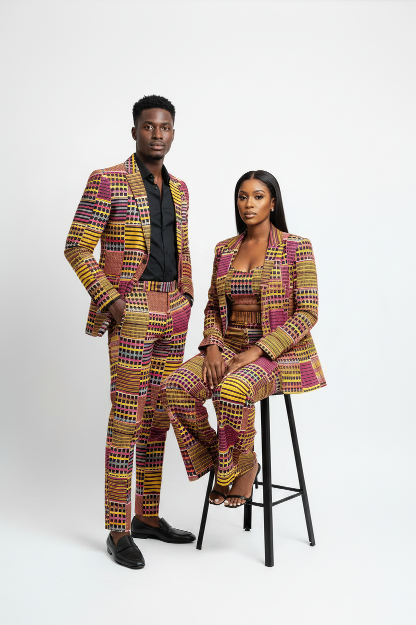 Couple in seated and standing pose wearing matching Kente stripe Ankara trouser suits on white background