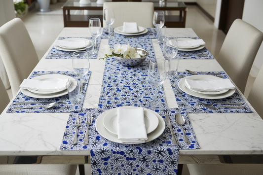 Table runner and placemats made from white and blue polycotton Ankara fabric