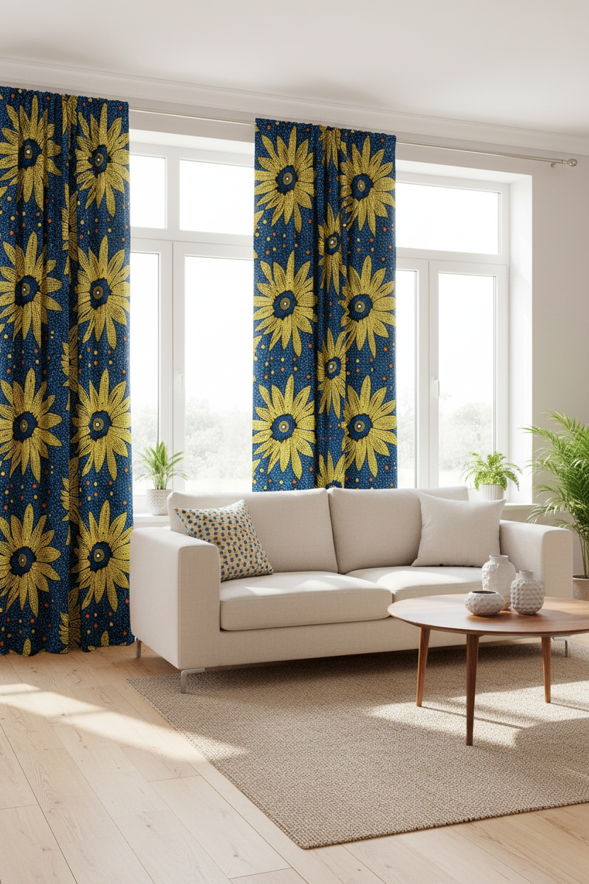 Curtains and window drapes made from yellow and blue polycotton Ankara fabric
