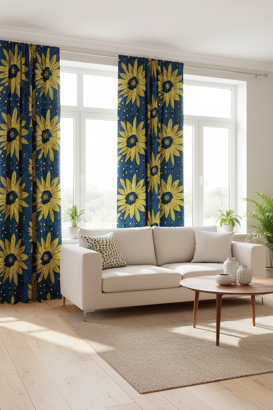 Curtains and window drapes made from yellow and blue polycotton Ankara fabric