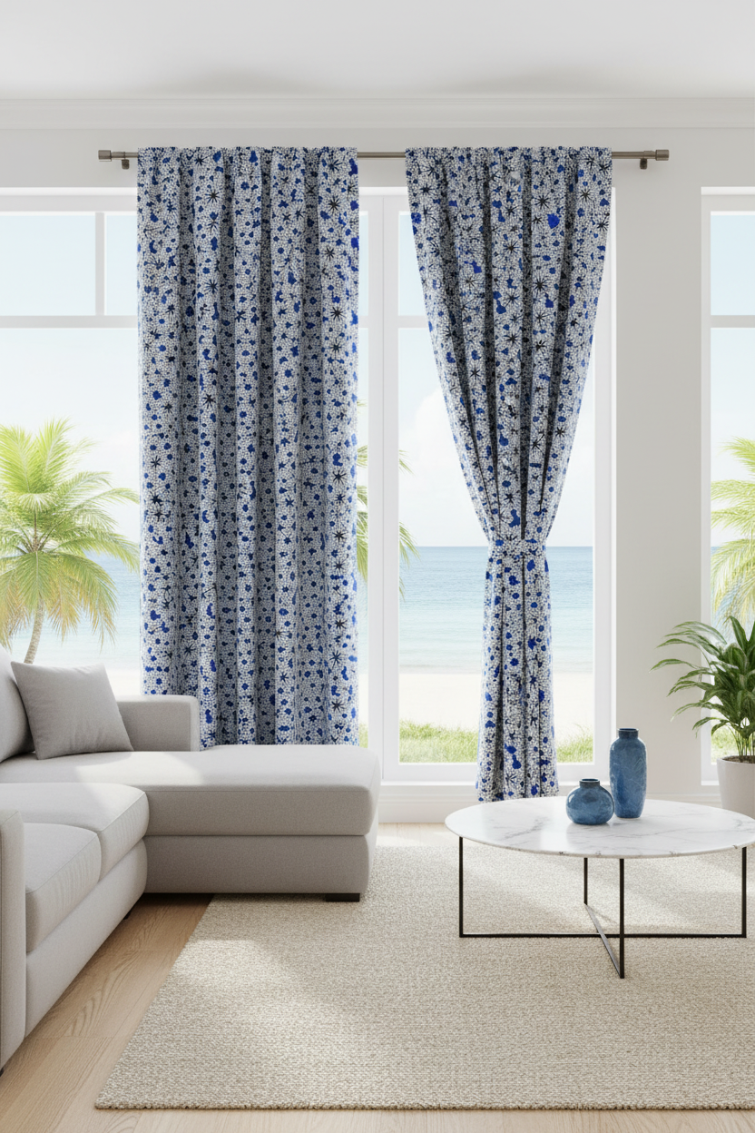 Curtains and window drapes made from white and blue polycotton Ankara fabric