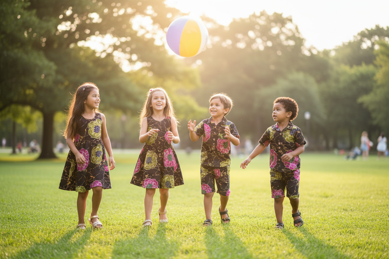 Children playing outdoors in summer outfits made from black floral magenta and olive peony Kitenge fabric