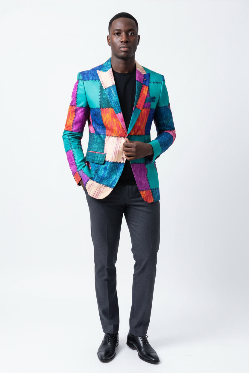 Black male model wearing tailored blazer in Ankara patchwork fabric