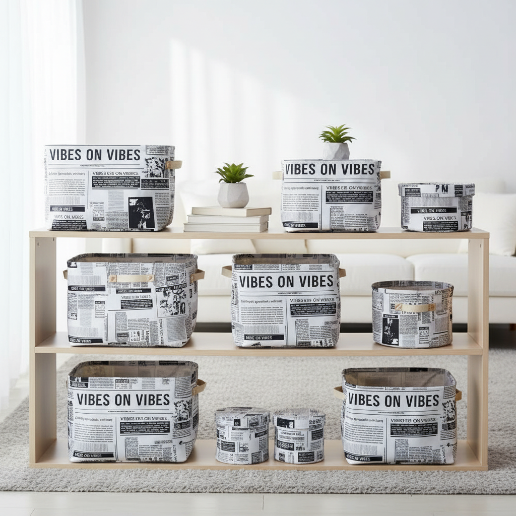 Fabric storage baskets and organisers made from white and black newspaper print fabric