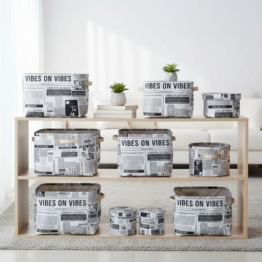 Fabric storage baskets and organisers made from white and black newspaper print fabric