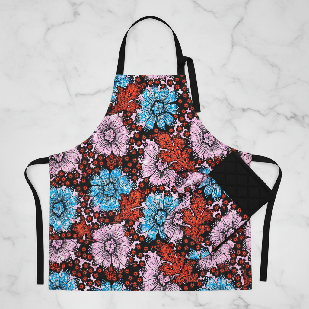 Kitchen apron and oven mitts made from multicolour polycotton Ankara fabric