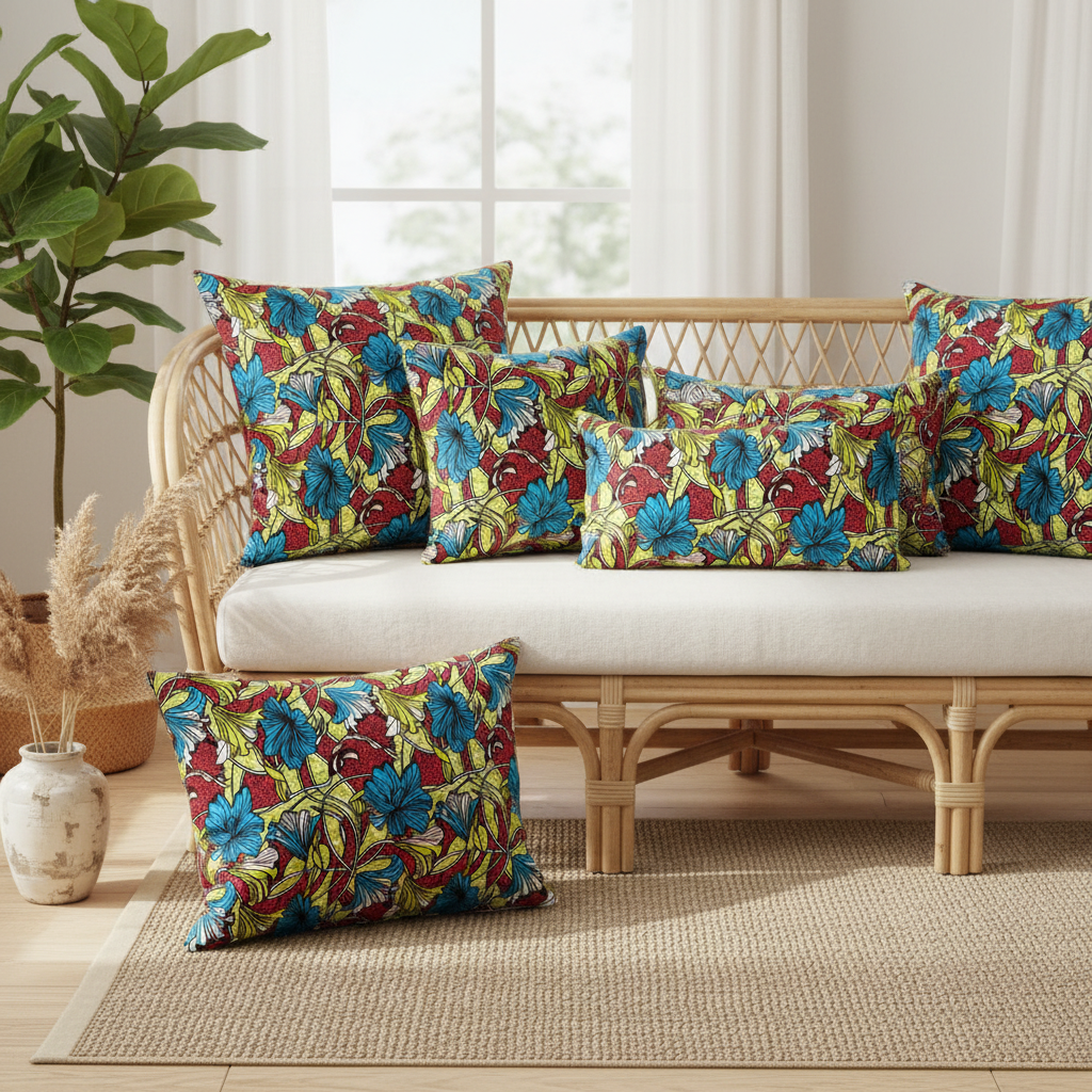 Decorative throw pillows made from yellow and multicolour polycotton Ankara fabric