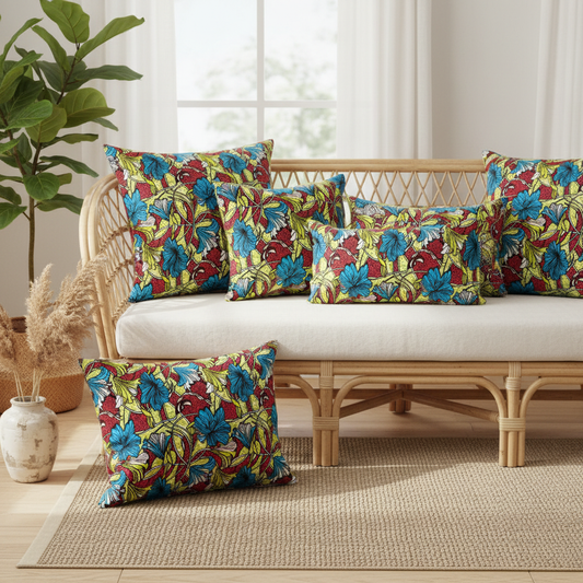 Decorative throw pillows made from yellow and multicolour polycotton Ankara fabric