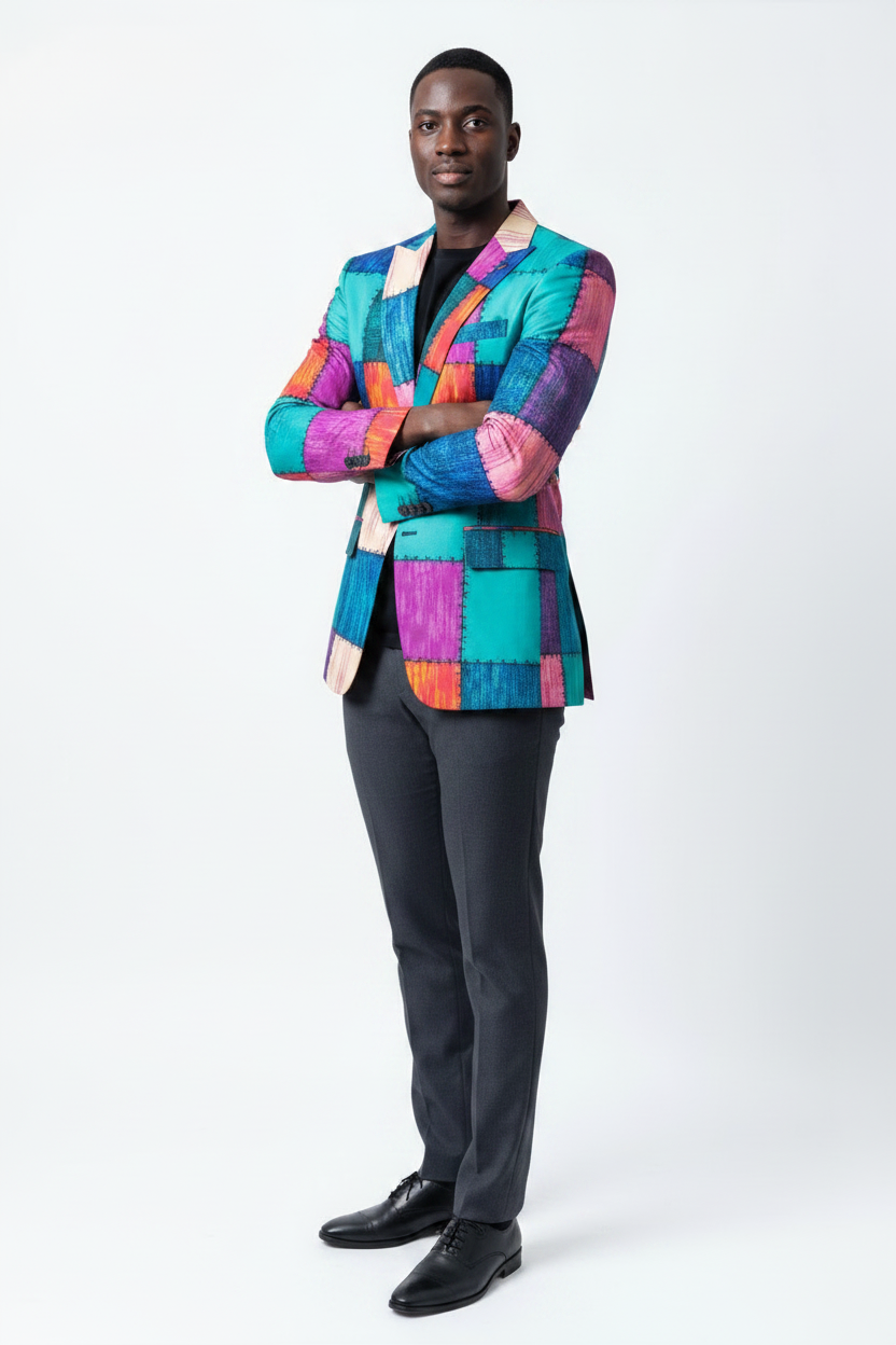 Male model in Ankara blazer, crossed-arms pose