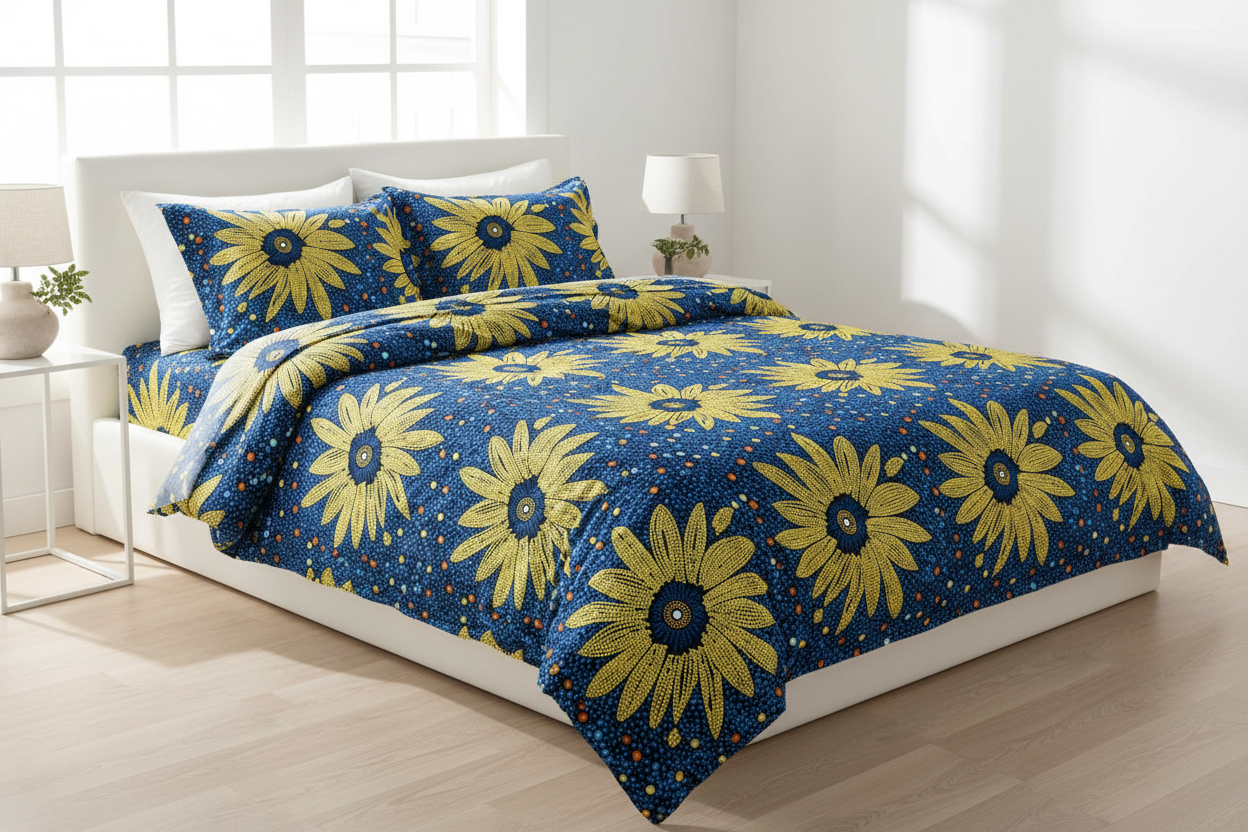 Luxury duvet and bedding set made from yellow and blue polycotton Ankara fabric
