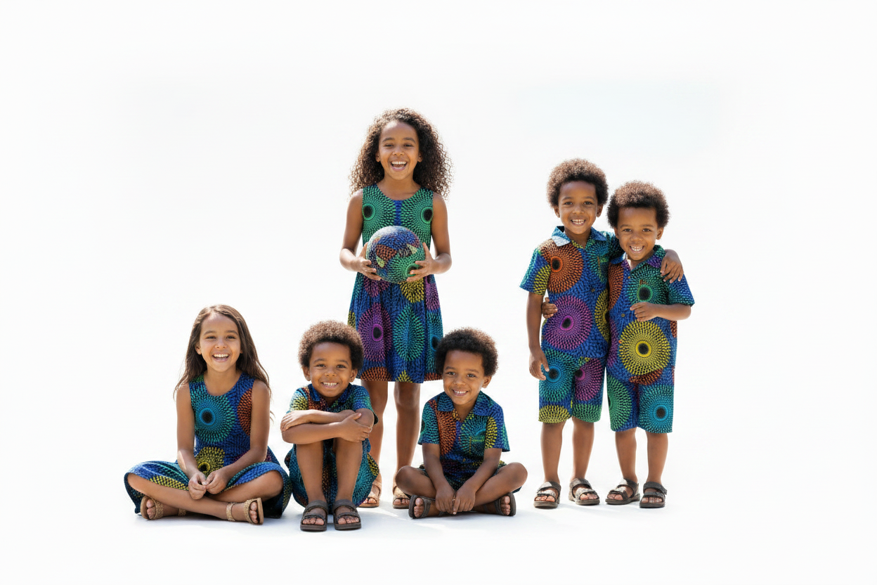 Children in a group pose wearing multicolour sunburst Ankara Kitenge summer outfits on white background