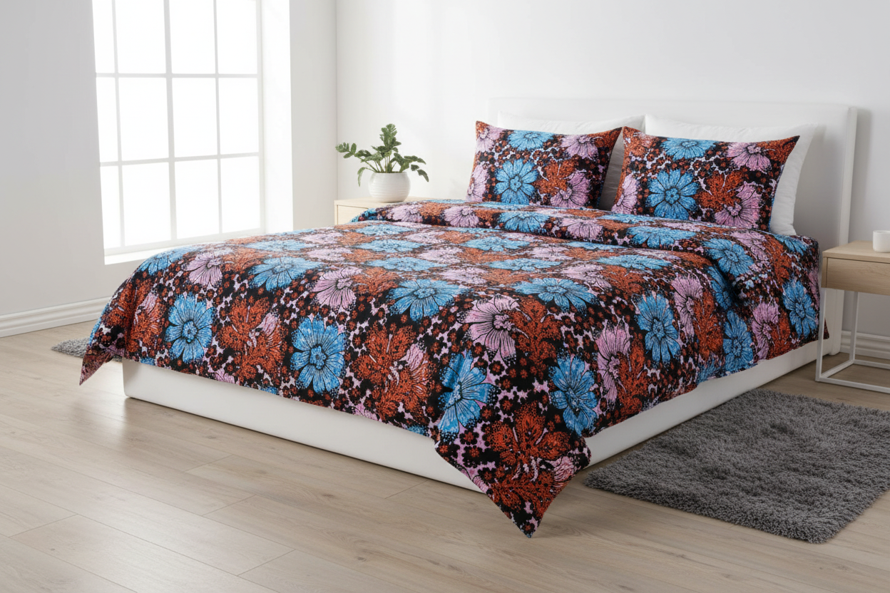 Luxury duvet and bedding set made from multicolour polycotton Ankara fabric