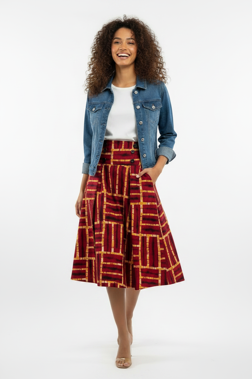 High Waist A-Line Midi Skirt styled with denim jacket