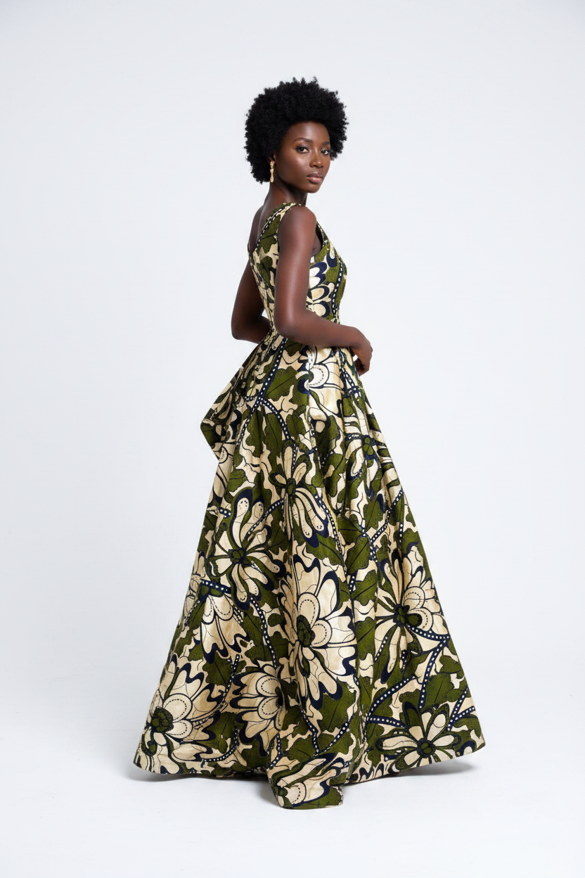 Woman in olive green botanical Ankara maxi dress in three-quarter back turn pose on white background