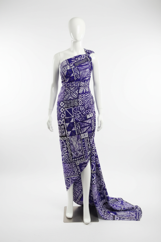 Purple tribal patchwork Ankara wax print fabric draped on mannequin