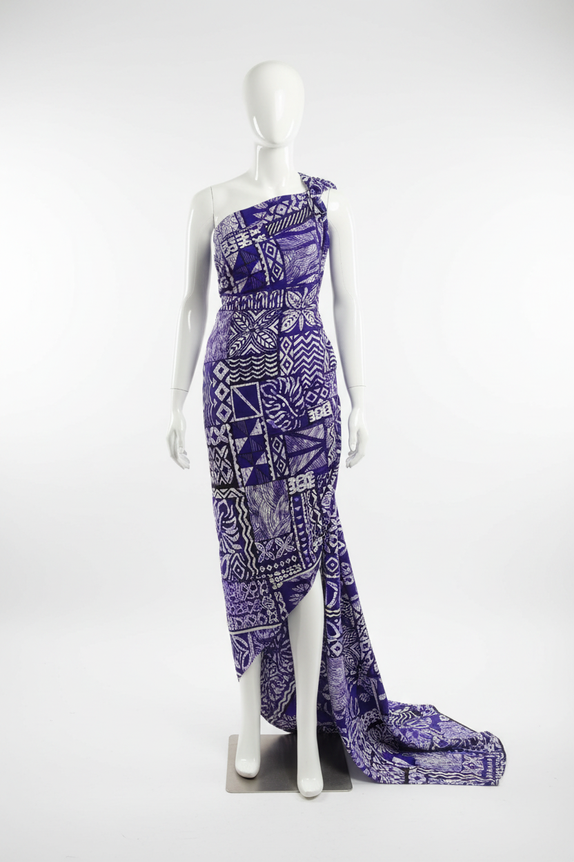 Purple tribal patchwork Ankara wax print fabric draped on mannequin