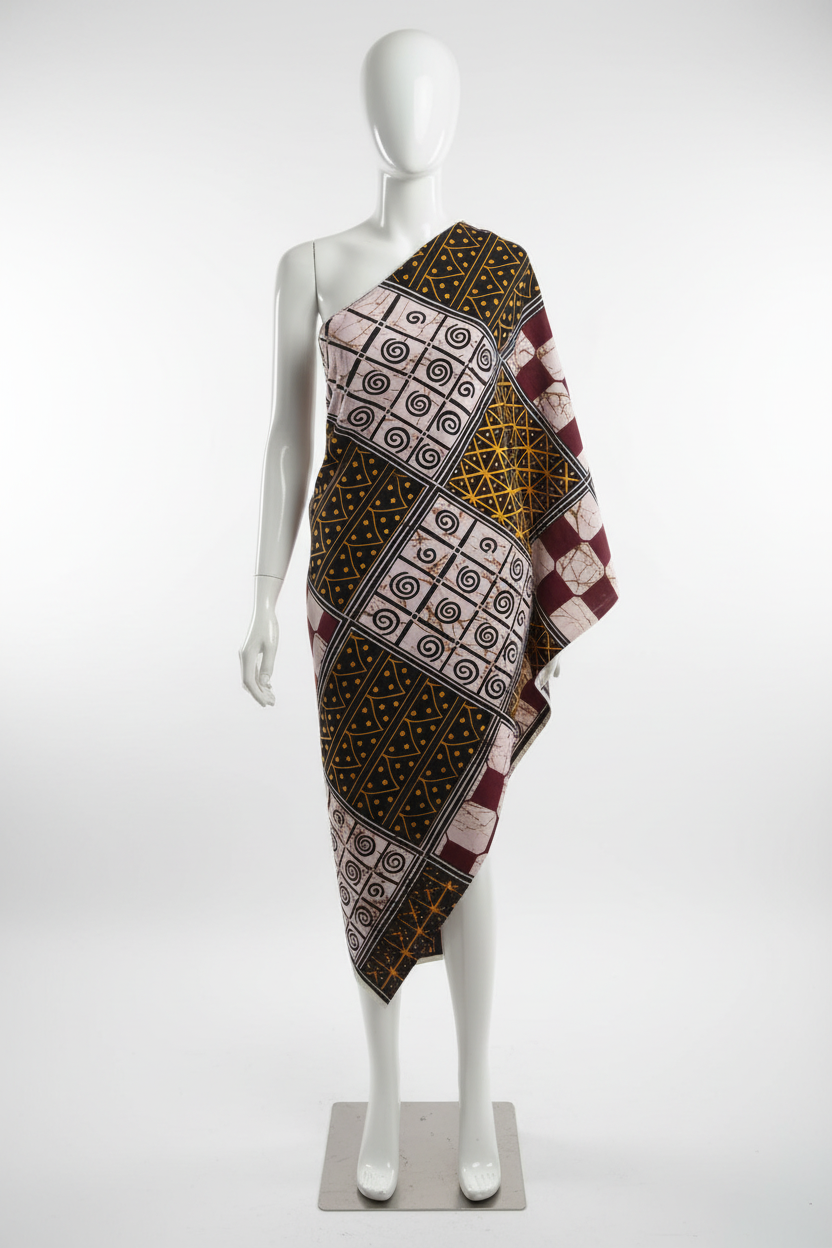 Black burgundy and gold Ankara wax print fabric draped on mannequin