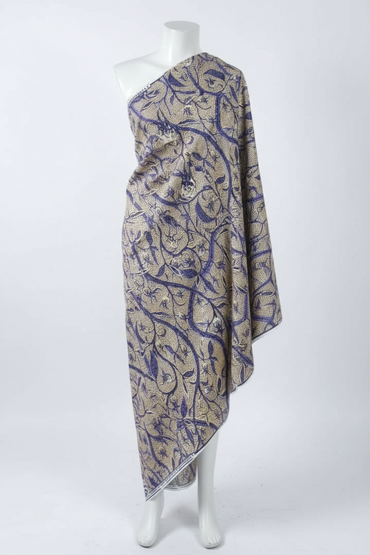 Navy blue botanical vine Veritable Wax Holland print fabric draped on mannequin