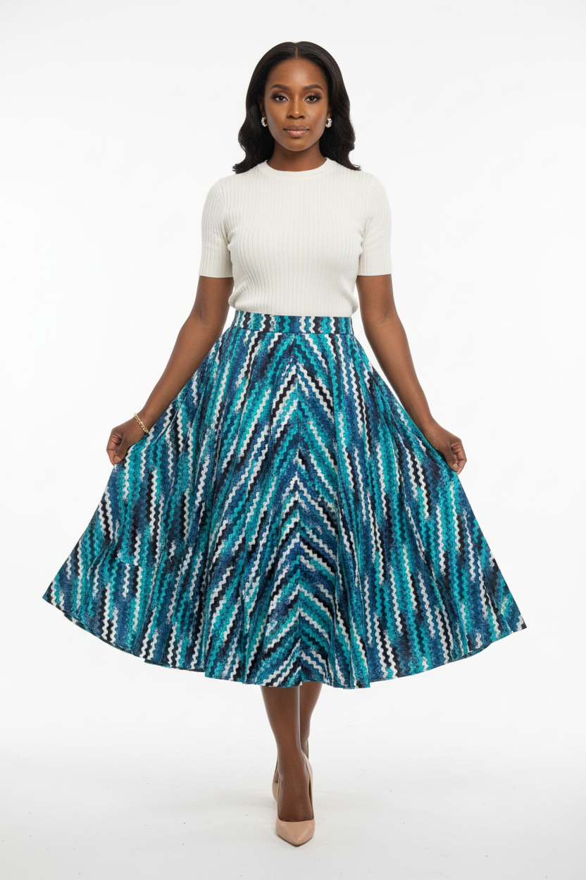 Mixed race model wearing teal zigzag African print A-line flare skirt